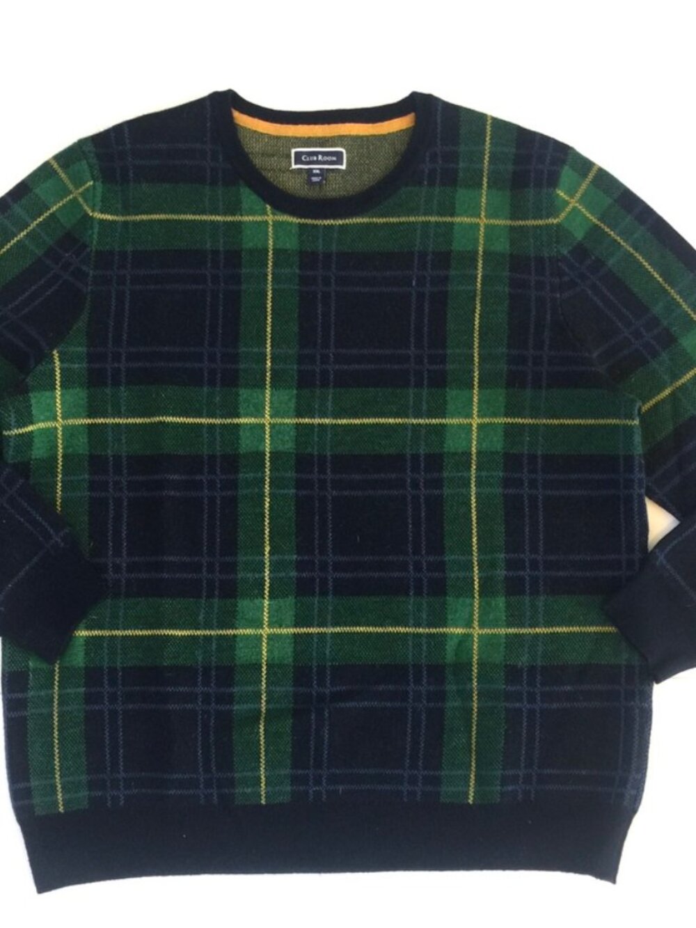 NWOT Club Room Blue Plaid Merino Wool Blend Pullover Crewneck Mens Sweater XXL